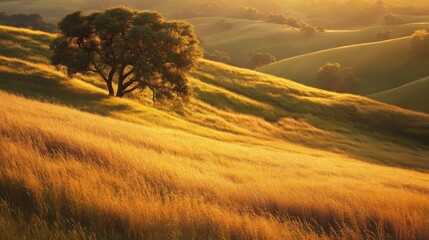 Wall Mural - A meadow at sunset with golden light streaming across the landscape, casting long shadows on the grass