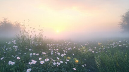 Wall Mural - A meadow in the early morning with soft mist rising from the ground and a warm glow from the sunrise