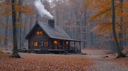 Aufkleber - A cozy wooden cabin stands surrounded by vibrant autumn foliage, with smoke emanating from the chimney, creating a peaceful and inviting atmosphere in the misty forest.