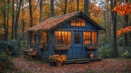 Poster - A charming blue cabin with warm lights glowing from its windows, nestled among colorful autumn leaves in a tranquil forest during the evening.