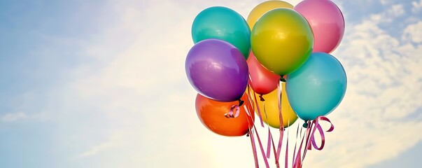 A colorful cluster of birthday balloons with ribbons attached isolated against a bright sky isolated background