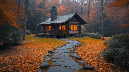 Fototapete - A charming wooden cabin sits amidst stunning fall colors, with warm light glowing from its windows, inviting visitors to enjoy the peaceful forest setting.