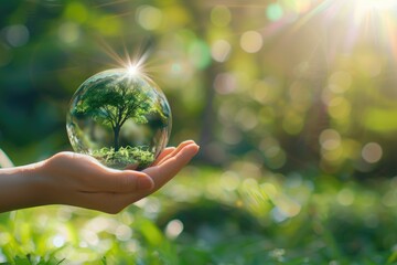 hand holding glass globe ball with tree growing and green nature blur background. eco concept