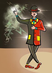  illustration of a circus performer in a red suit and a hat