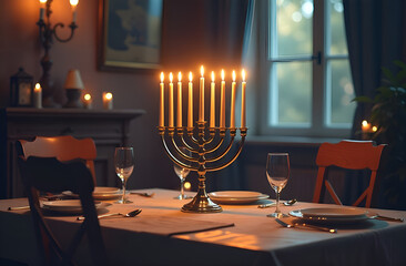 Hanukkah candle holder with candles. Hanukkah celebrations, Jewish religion.