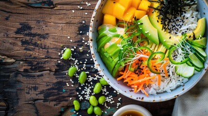 Colorful vegan poke bowl with fresh vegetables and tropical mango on rustic wood