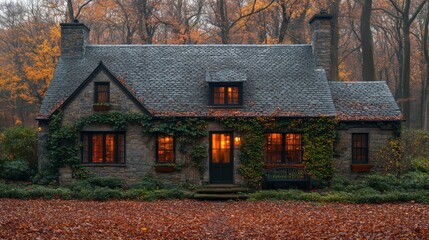 Poster - A quaint stone cottage surrounded by colorful autumn foliage, illuminated warmly from within as twilight settles over the tranquil forest.