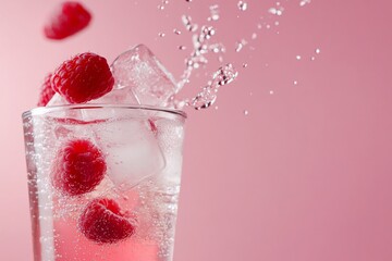 A refreshing drink with raspberries and ice in sparkling water.