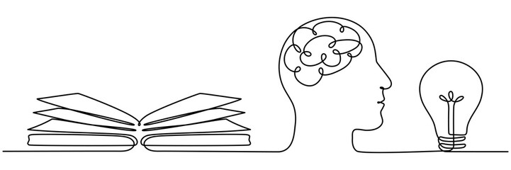Poster - Open book, head with brain and light bulb continuous line drawing. Creative idea process concept. Vector illustration isolated on white.