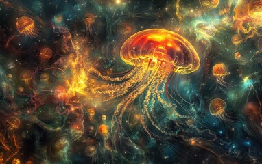 Poster - Colorful Abstract Jellyfish Floating in Cosmic Space