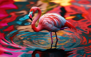 Poster - Surreal Flamingo Standing in Colorful Pool