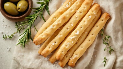 Rustic breadsticks with sea salt, isolated on a soft beige linen cloth with decorative olives and rosemary sprigs