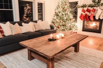 Cozy living room decorated for Christmas with a large tree, stockings, and a warm fireplace during the holiday season