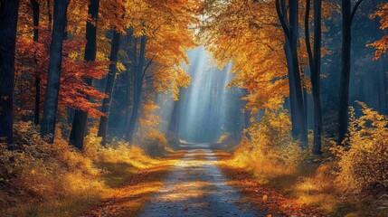 Poster - A serene forest path showcases vibrant autumn foliage, with sunlight streaming through the trees, creating a warm, inviting atmosphere.