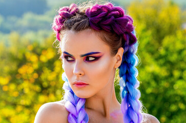 Pigtails. Girl beauty face closeup. Girl with colorful kanekalon braided in her hair. Pretty woman colorful violet ombre hair and pro makeup