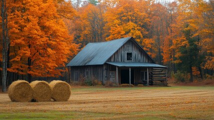 Poster - A rustic barn stands in a peaceful rural setting, surrounded by colorful autumn trees and golden hay bales during the fall season. The tranquil scene captures the essence of harvest time.