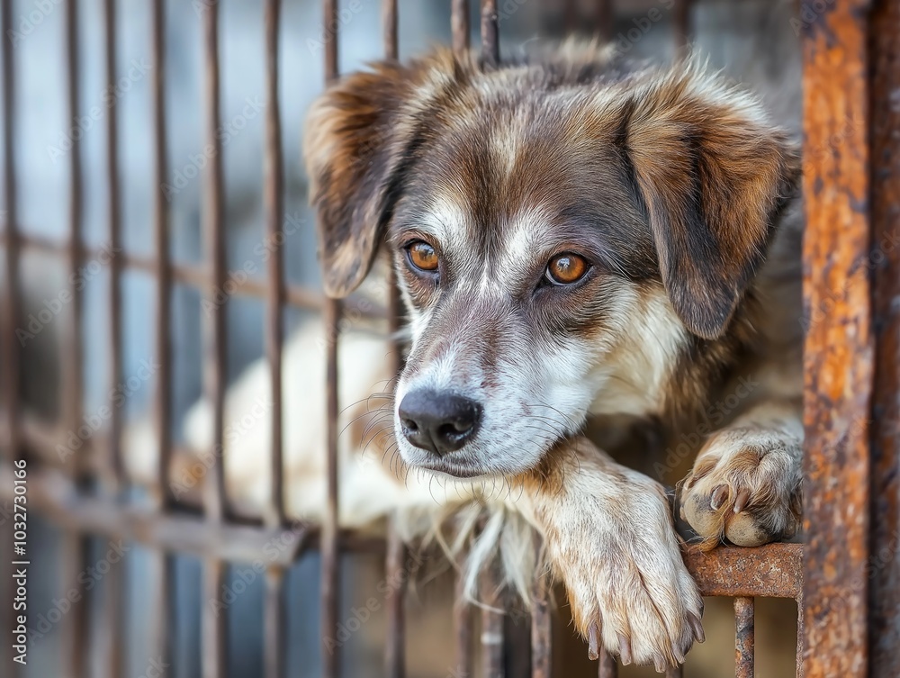 Stray homeless dog in animal shelter cage with a sad abandoned hungry ...