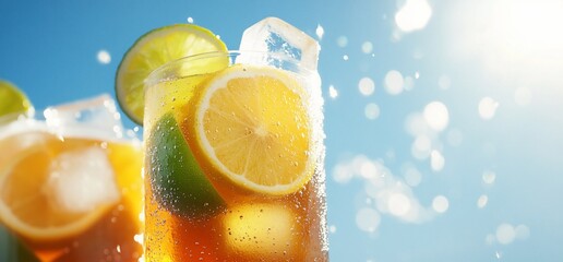 Refreshing iced drinks with citrus slices in bright sunlight.