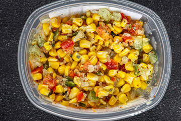 corn salad tasty food dish second course Fresh delicious gourmet food background on the table rustic food top view copy space top view keto and paleo diet Vegetarian and vegan food