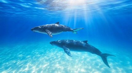 Two whales swimming gracefully in clear blue ocean waters.