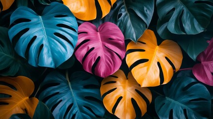 Wall Mural - Colorful Monstera Leaves Display