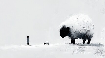 Wall Mural -   A monochrome depiction of a man confronting a sizable beast and a diminutive canine amidst a frozen landscape