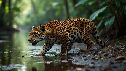 Stealthy jaguar in Amazon rainforest blending with shadows