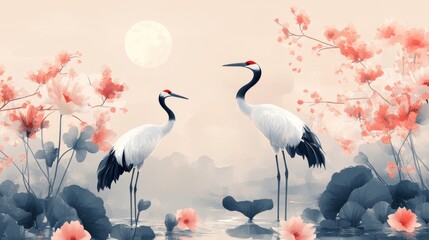 Naklejka na meble Serene Cranes in Tranquil Landscape