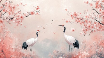 Naklejka na meble Cranes in Spring Blossom Scene