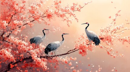 Sticker - Cranes Among Cherry Blossoms