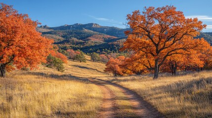 Poster - A picturesque dirt path meanders through a stunning autumn landscape, surrounded by bright orange foliage and rolling hills under clear skies.