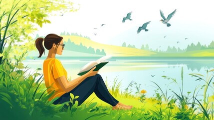 A young woman sits by a lake reading a book, with birds flying overhead and a lush green landscape behind her.