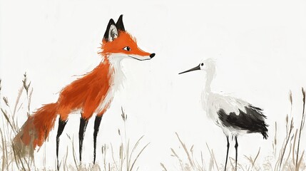 Poster -   Fox & Bird in Tall Grass