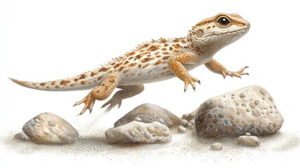 Poster -   A lizard with a brown and white color scheme rests on a rock, surrounded by a pile of additional rocks against a white backdrop