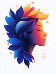 Wall Mural - A woman’s profile is elegantly illustrated with multicolored leaves, symbolizing a connection to nature and transition