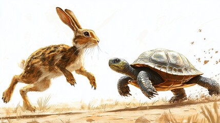 Poster -   A painting depicts a rabbit pursuing a tortoise on its hind legs in the arid landscape