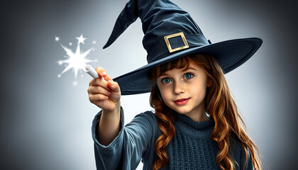 Girl in witch's hat with magic wand isolated with white highlights, png