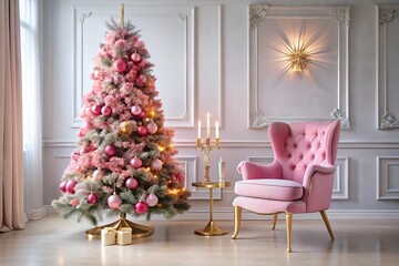 A stylish pink Christmas tree adorned with gold ornaments in a luxurious living room. The matching pink armchair and golden accents create an elegant, festive holiday atmosphere.