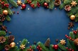 © Diana - Christmas flat lay with fir branches, pine cones, red baubles, and gold stars on a navy blue background. Ample copy space for holiday greetings or design elements.