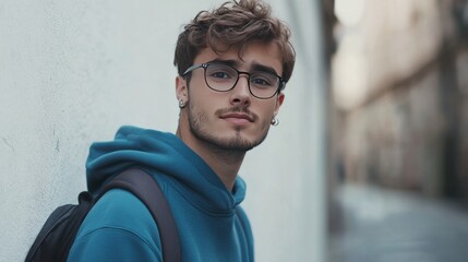 Handsome hipster guy in a trendy blue sweatshirt wears glasses and looks at the camera near the white wall in the city 