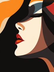 Wall Mural - A modern abstract depiction features a woman's profile with bold colors and striking facial features, highlighting her elegance