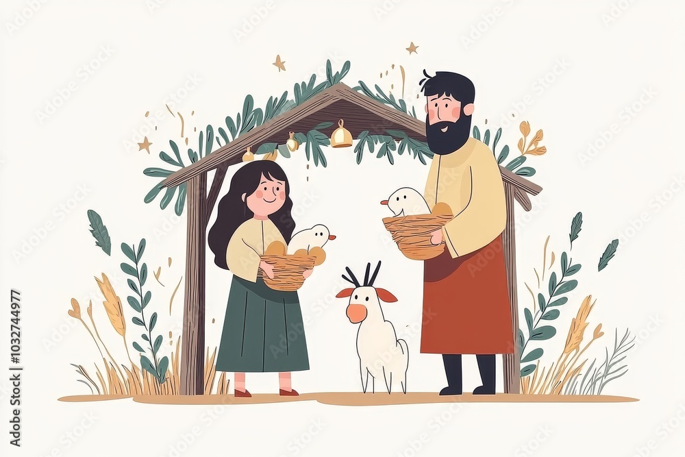 Ilustrace Nativity scene illustration of Mary Joseph and baby Jesus in ...
