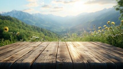 Wall Mural - mountain landscape with wooden table