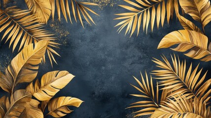 Sticker - Golden Tropical Leaves on Dark Background