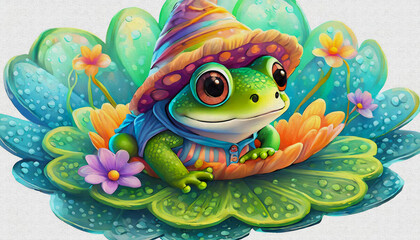 Wall Mural - oil painting style cartoon CHARACTER illustration  CUTE baby Frog resting on a lily pad 