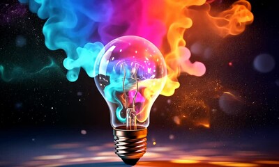 incandescent lamp with colorful smoke, on a dark background. creative light bulb exploding with colo