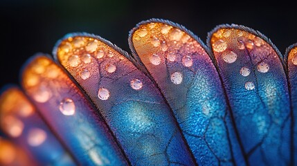 Wall Mural -   Close-up of a blue and orange flower with water droplets on its petals against black backdrop