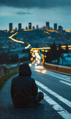 A man in a coat with a hood sits on the asphalt with city in a background