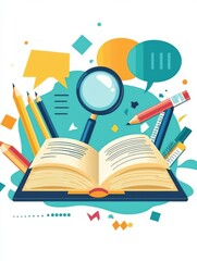 Poster - Colorful flat design illustration of an open book with floating pencils, geometric shapes, and a magnifying glass symbolizing creativity and learning.