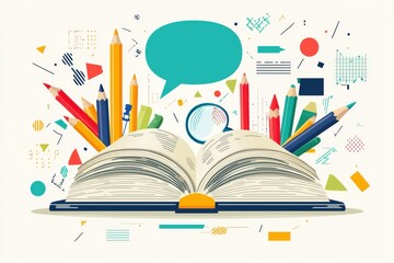 Poster - Colorful flat design illustration of an open book surrounded by pencils, magnifying glass, and abstract elements